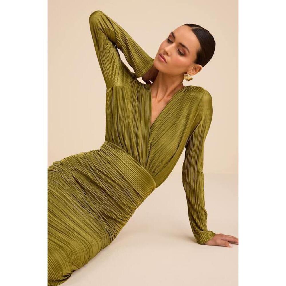 Lulus Seren Olive Green Plisse Surplice Maxi Dress - Size S